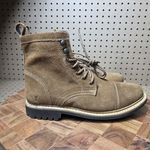 Frye Russell Mens Side Zip Lace Up Tan Leather Suede Boots Size-8.5 FR41606 NWOB
